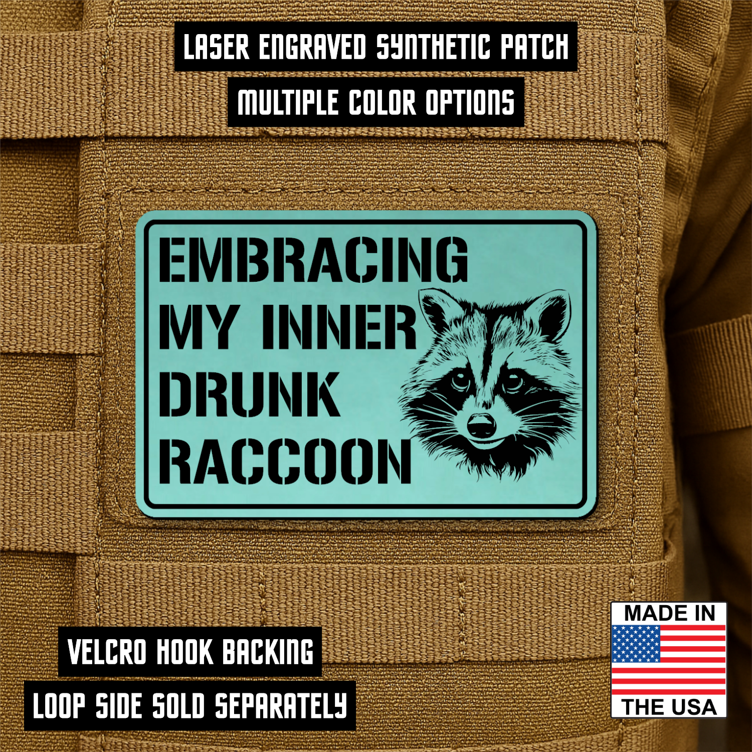 Inner Drunk Raccoon Funny Morale Patch 2"x3" Hook & Loop | Made in USA