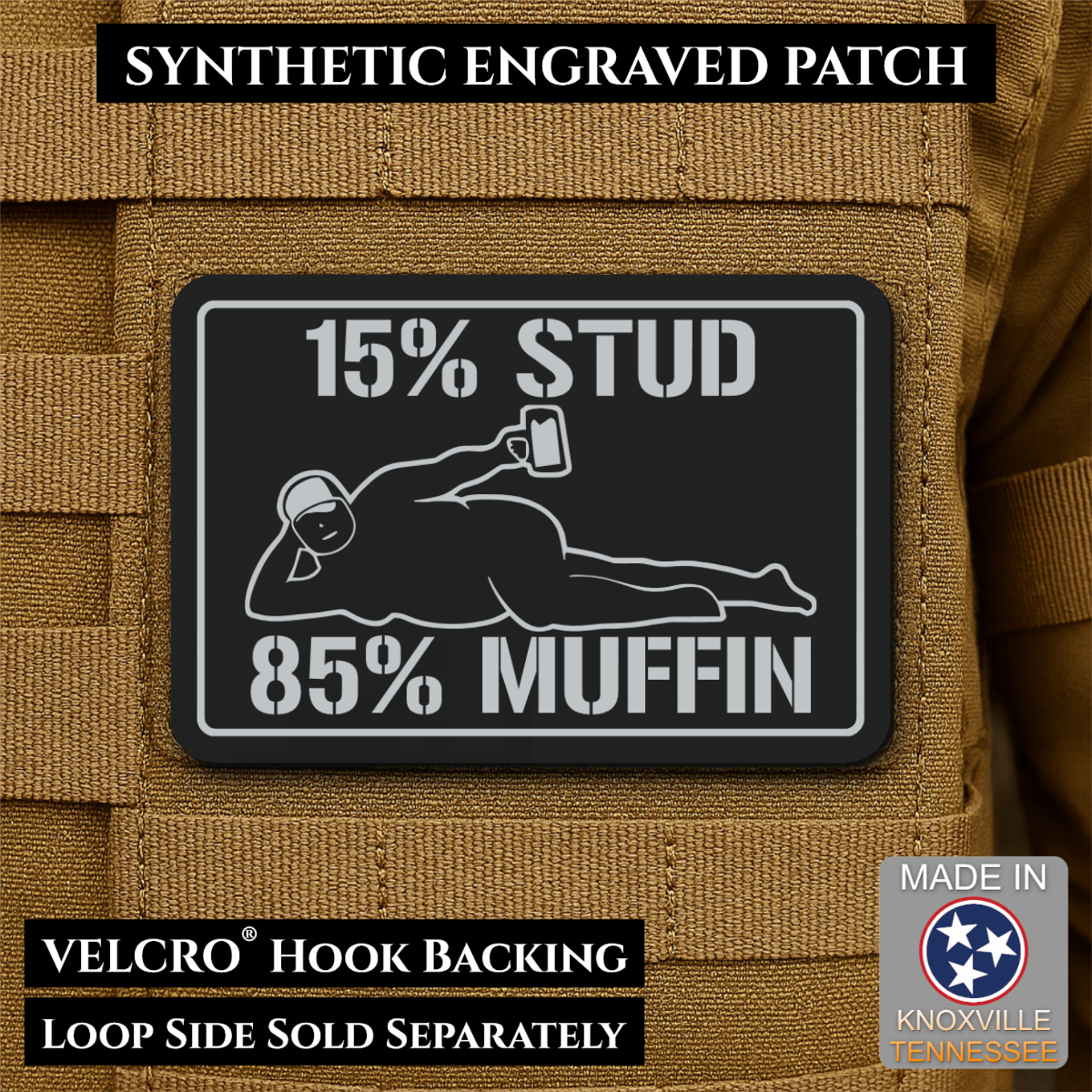 15% Stud 85% Muffin Funny Dad Bod Morale Patch | Made in USA | VELCRO® Brand Hook Backing