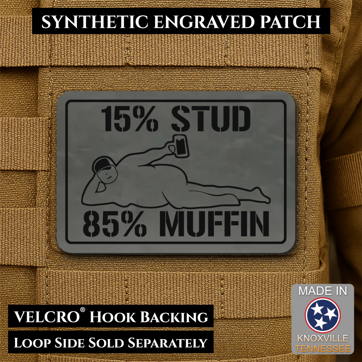 15% Stud 85% Muffin Funny Dad Bod Morale Patch | Made in USA | VELCRO® Brand Hook Backing