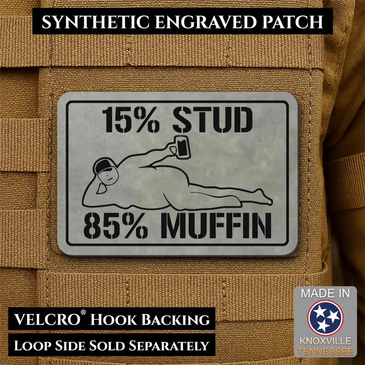 15% Stud 85% Muffin Funny Dad Bod Morale Patch | Made in USA | VELCRO® Brand Hook Backing