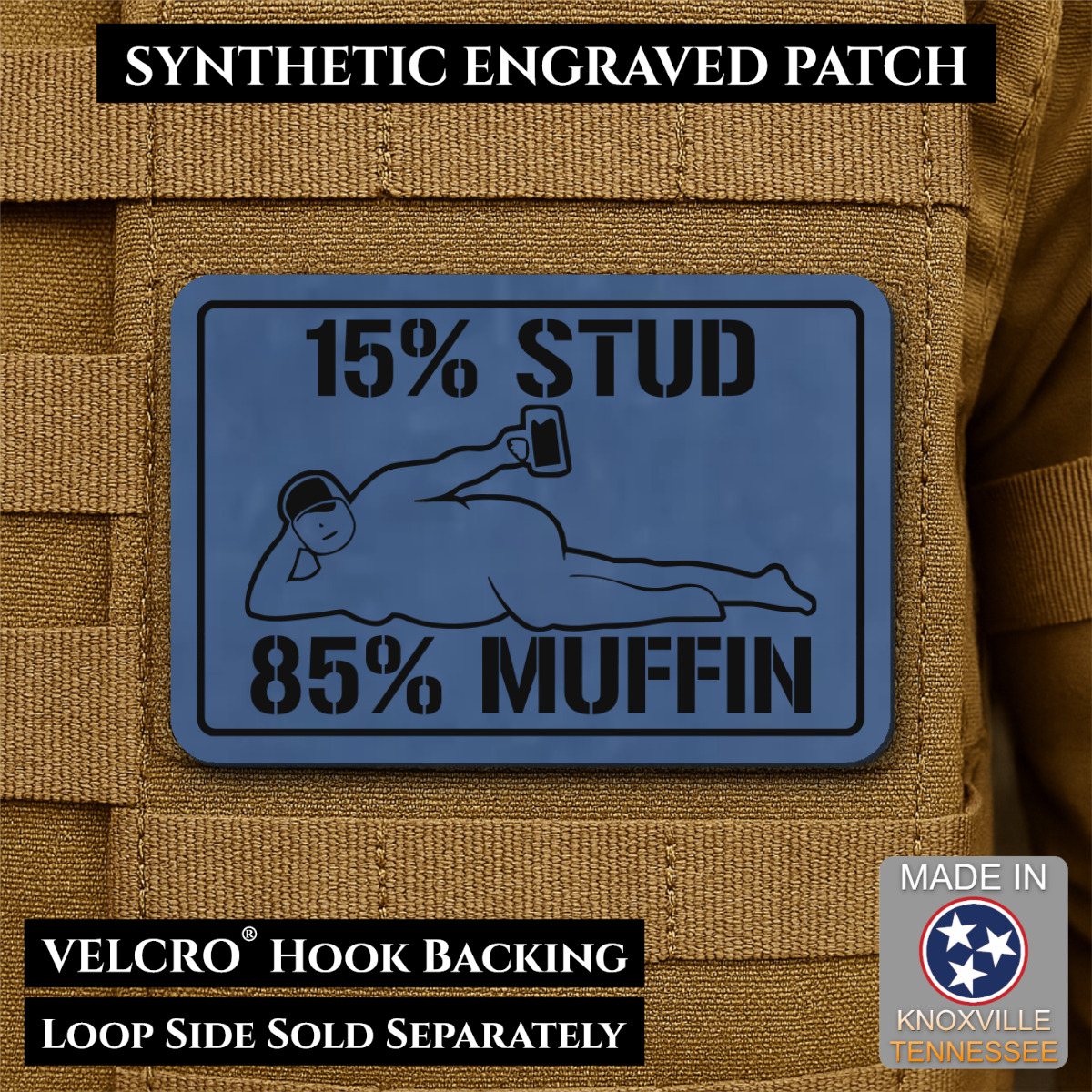 15% Stud 85% Muffin Funny Dad Bod Morale Patch | Made in USA | VELCRO® Brand Hook Backing