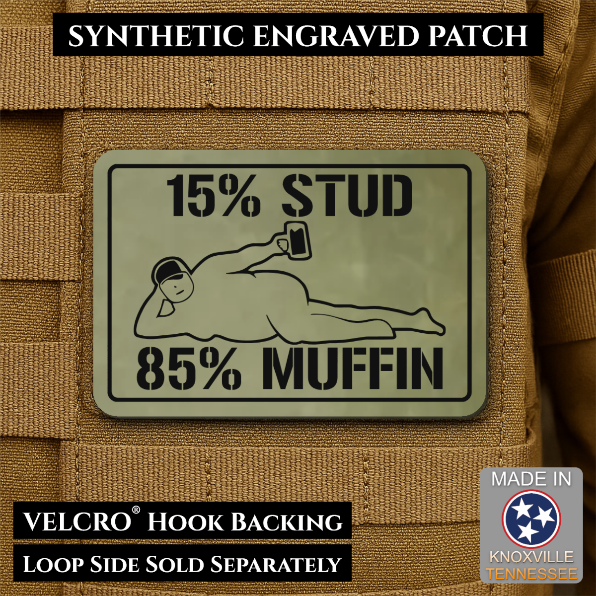 15% Stud 85% Muffin Funny Dad Bod Morale Patch | Made in USA | VELCRO® Brand Hook Backing