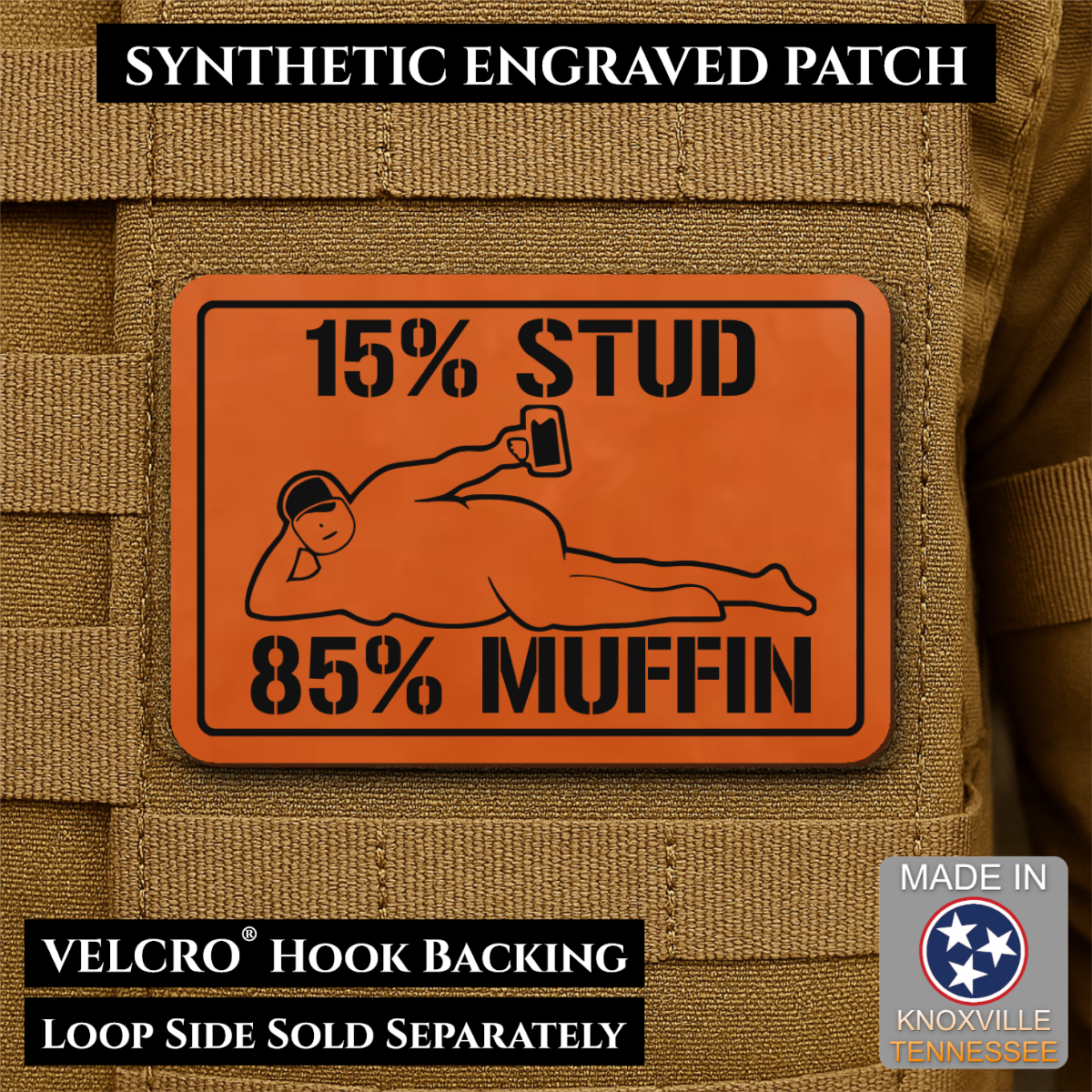 15% Stud 85% Muffin Funny Dad Bod Morale Patch | Made in USA | VELCRO® Brand Hook Backing