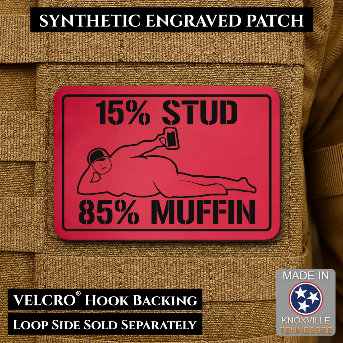 15% Stud 85% Muffin Funny Dad Bod Morale Patch | Made in USA | VELCRO® Brand Hook Backing
