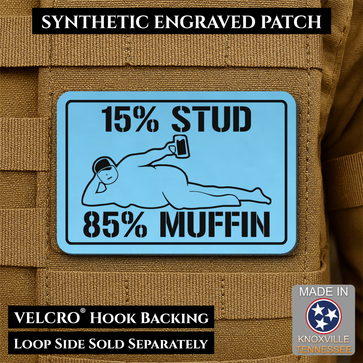 15% Stud 85% Muffin Funny Dad Bod Morale Patch | Made in USA | VELCRO® Brand Hook Backing