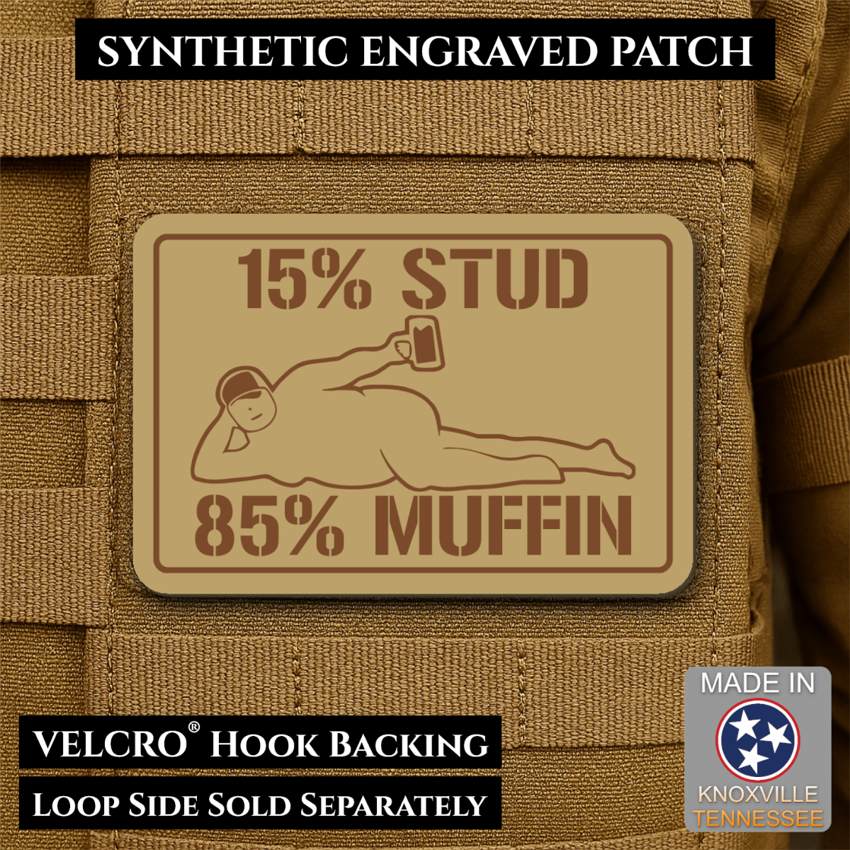 15% Stud 85% Muffin Funny Dad Bod Morale Patch | Made in USA | VELCRO® Brand Hook Backing