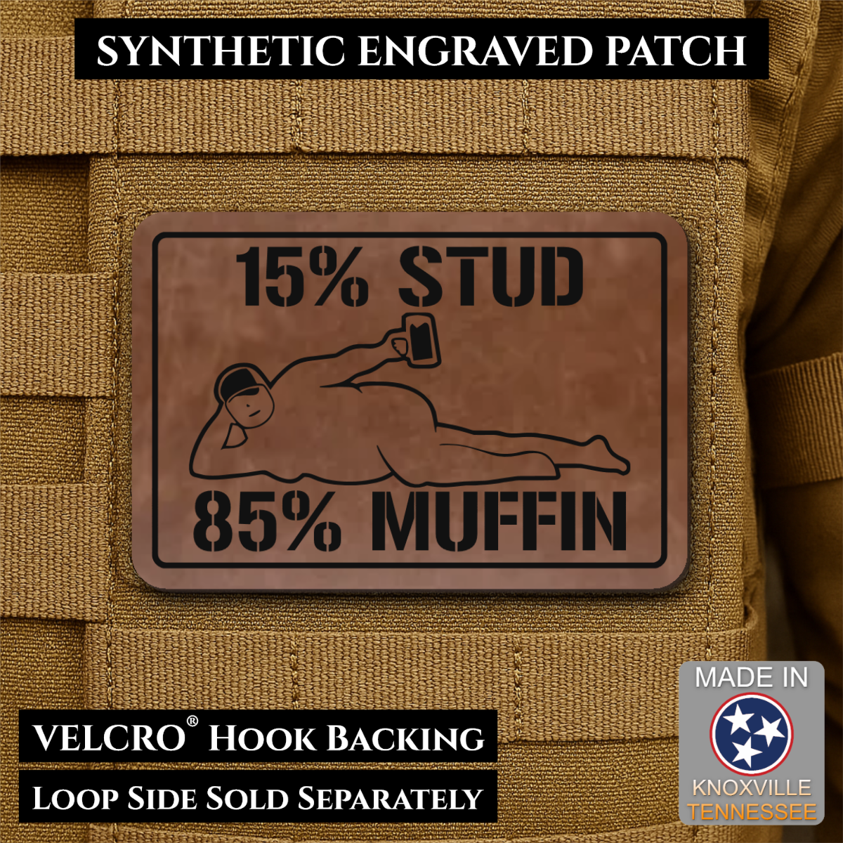 15% Stud 85% Muffin Funny Dad Bod Morale Patch | Made in USA | VELCRO® Brand Hook Backing