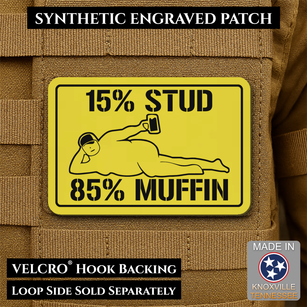 15% Stud 85% Muffin Funny Dad Bod Morale Patch | Made in USA | VELCRO® Brand Hook Backing
